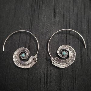Spiral feather turquoise earrings, silver tone hoops with synthetic stones